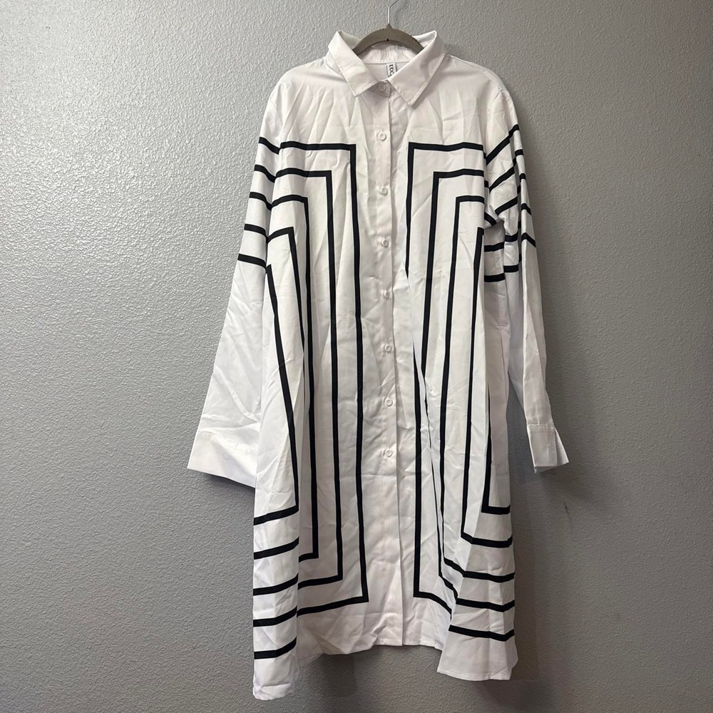 UOOZEE Women's Long Sleeve Loose Buttoned Striped Lapel Midi Dresses Shirt Dress - Picture 2 of 7